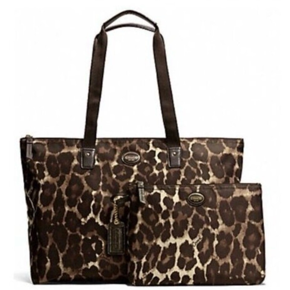NWOT COACH Brown Leopard Print Getaway PACKABLE Travel Weekender Tote & Pouch.